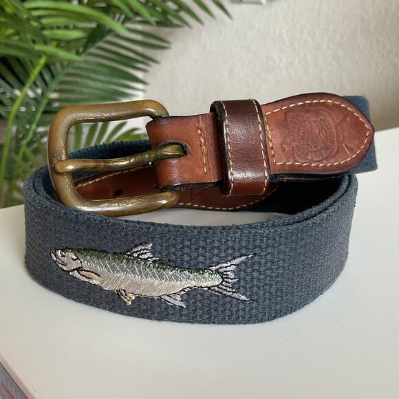 Mens Solid Brass and Faux Leather Belt Fish Theme Blue and Brown Size 38 - Picture 1 of 8